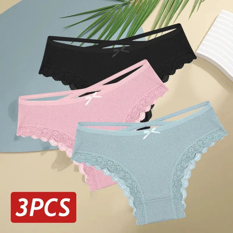 3-piece set of women's cotton lace panties with bows, low-rise bikini briefs in black, pink, and blue