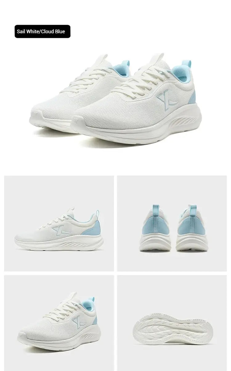 Xtep men's running shoes, sail white with cloud blue accents, breathable mesh upper and cushioned lightweight midsole.