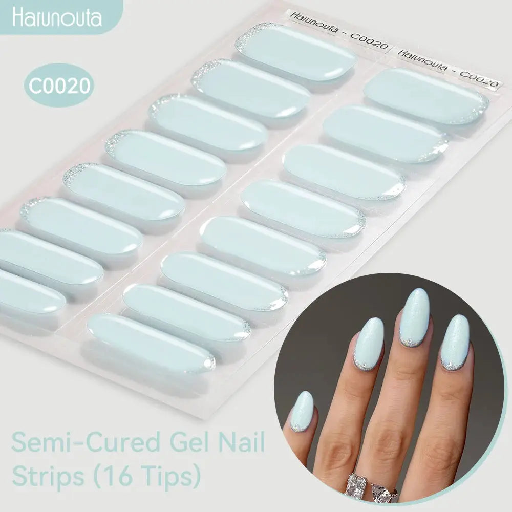 Gel nail strips Harunouta gradient auroras, 16 light-blue tips with glittery silver accents