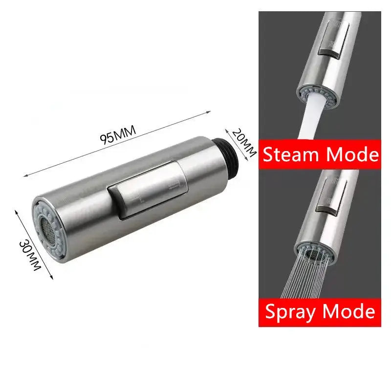 Replacement 2-mode pull-out faucet aerator spray head in stainless steel finish; spray and steam modes