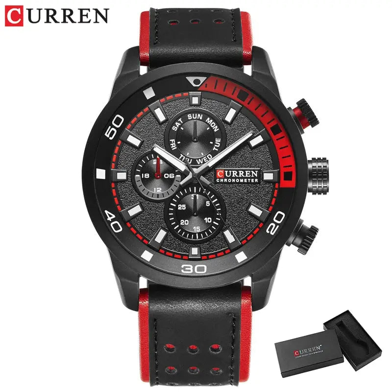 Curren 8250 men's waterproof casual watch with black dial, red accents, and black leather strap with red trim