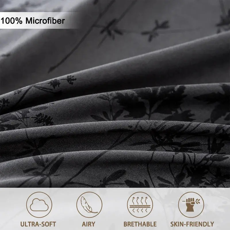 3pc duvet cover set in charcoal gray floral microfiber; includes duvet cover and 2 pillowcases