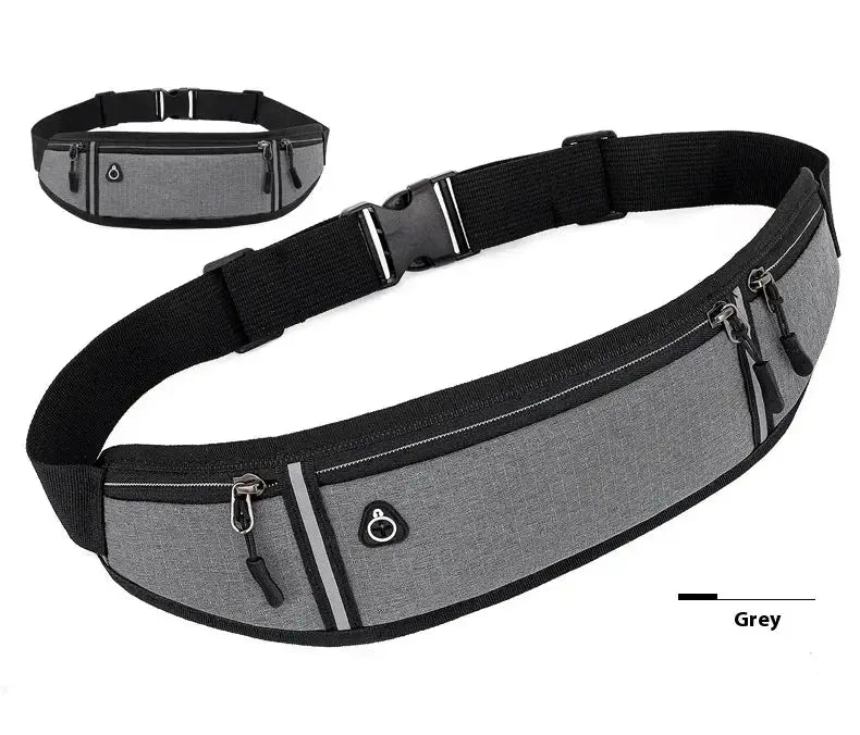 Grey waist bag with black adjustable strap and multiple zip pockets; waterproof sport fanny pack.