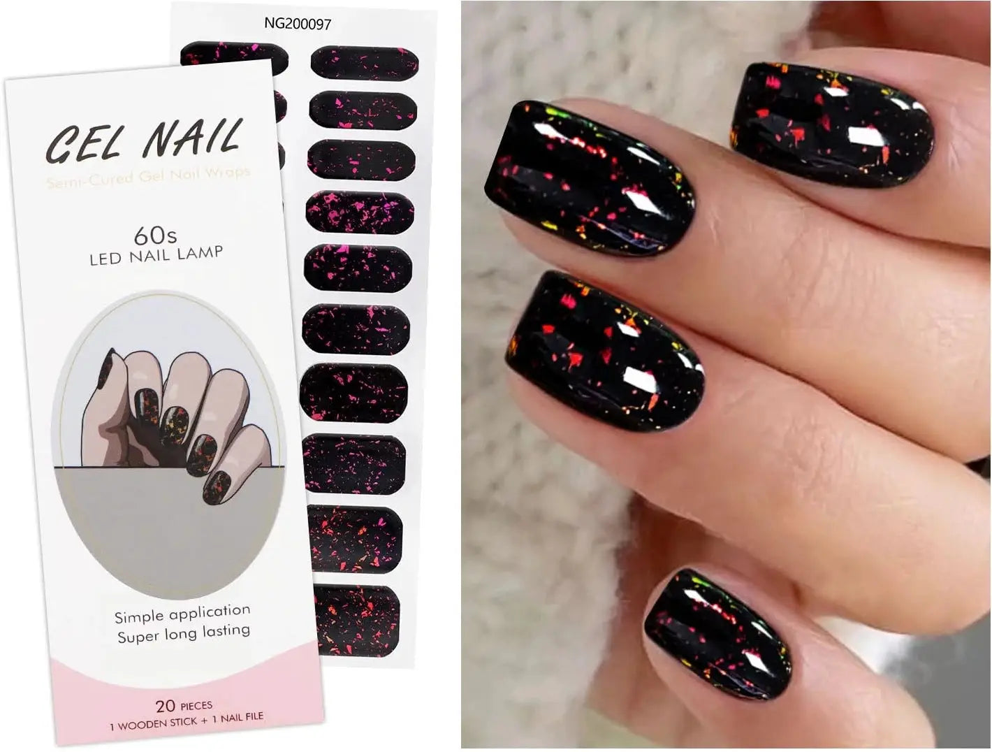 Simples Market gel nail wraps set, 20 pieces, black with multicolor fleck accents; includes wooden stick and nail file