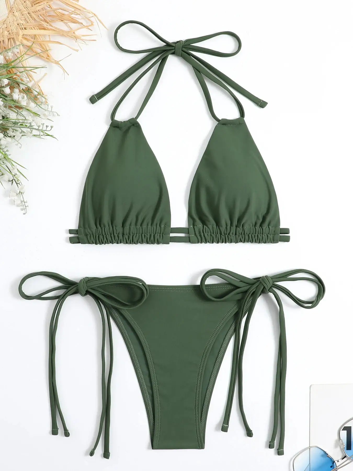 Simples Market green solid bandage bikini set with halter triangle top and two-piece strappy bottom
