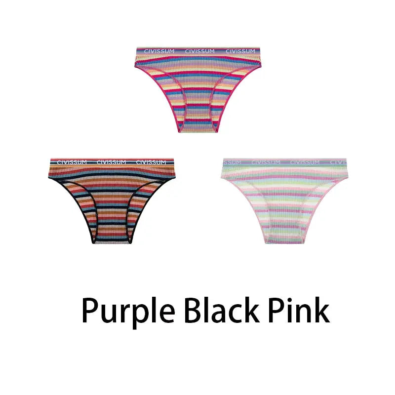 3-piece set of women’s cotton low-rise panties in rainbow stripes (purple, black, pink) by Simples Market