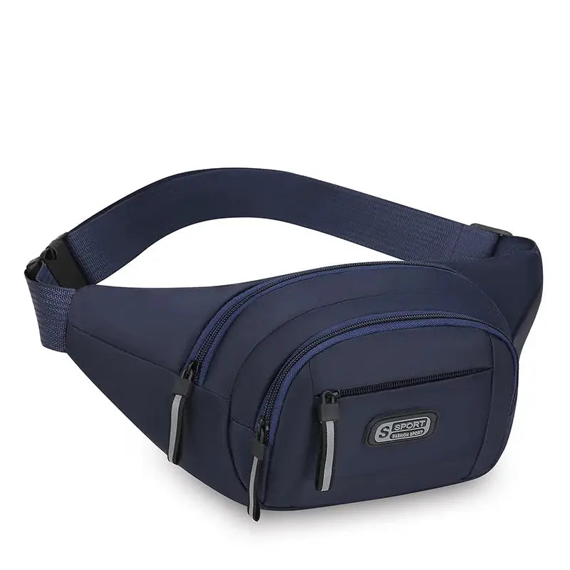 Men's navy waist pack by Simples Market with dual zip pockets and adjustable strap