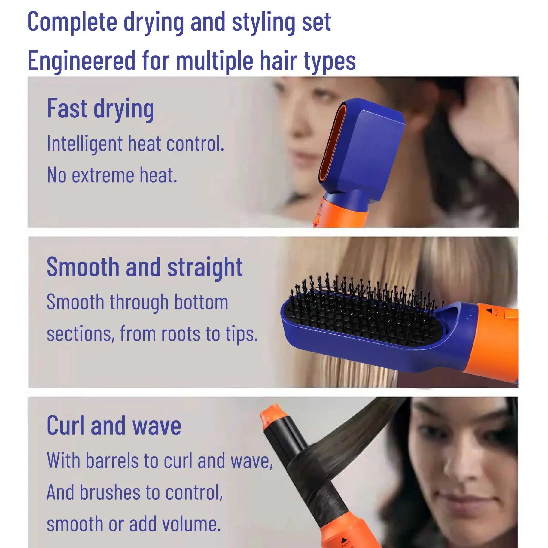 6-in-1 hair styler, Simples Market; blue and orange handheld dryer with curling barrel and brush attachments