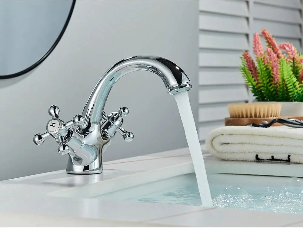 POIQIHY antique chrome two-handle deck-mounted bathroom faucet for hot and cold water