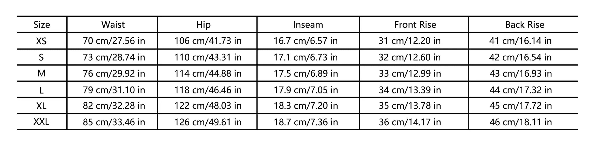 Men's shorts size chart by Simples Market showing waist, hip, inseam, front and back rise for XS-XXL.