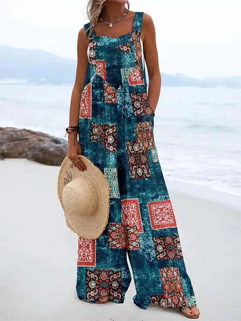 Simples Market vintage patchwork sleeveless jumpsuit with teal and red square prints, loose wide legs
