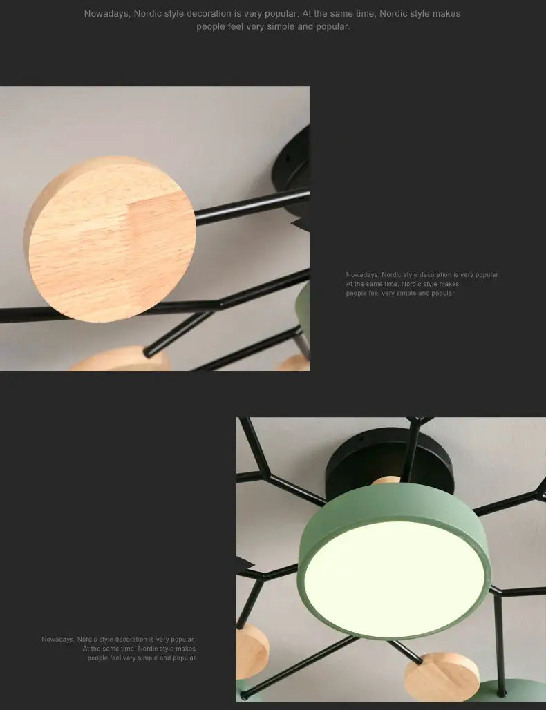 Modern LED chandelier with green circular shade and natural wood accents on a black metal frame