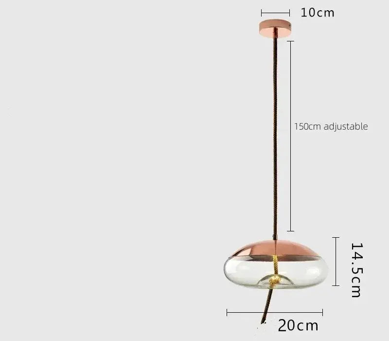 Pendant lamp with copper canopy, blue glass shade, hemp rope cord, LED light, 150 cm adjustable height