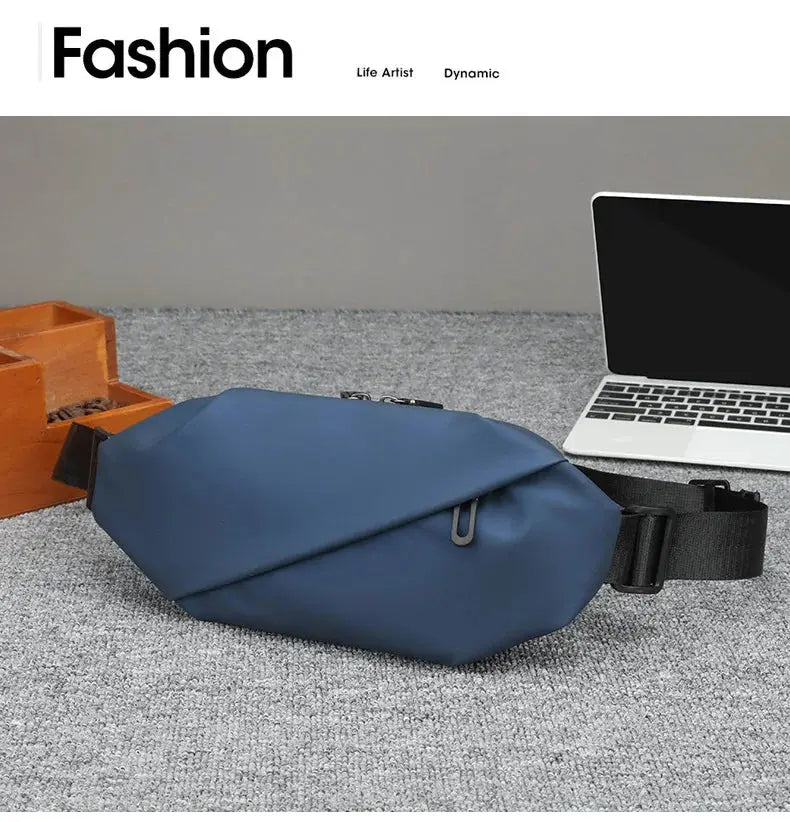 Blue waist bag with adjustable black strap; outdoor chest bag style