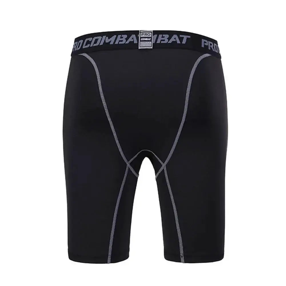 Men's compression bodybuilding shorts in black with grey seam panels and Pro Combat waistband