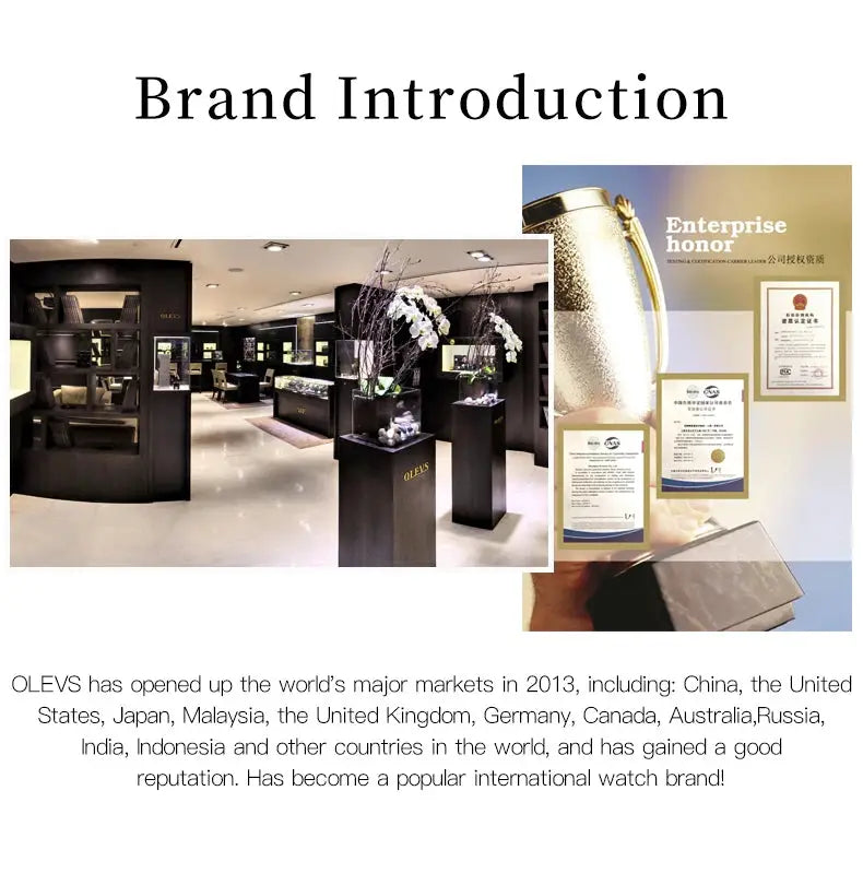 OLEVS watches showroom interior collage with display cases and award certificates