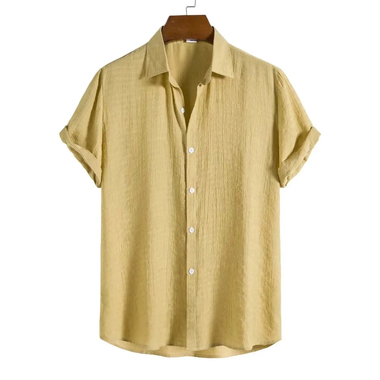 Men's short-sleeve cotton-linen shirt in light beige with white buttons