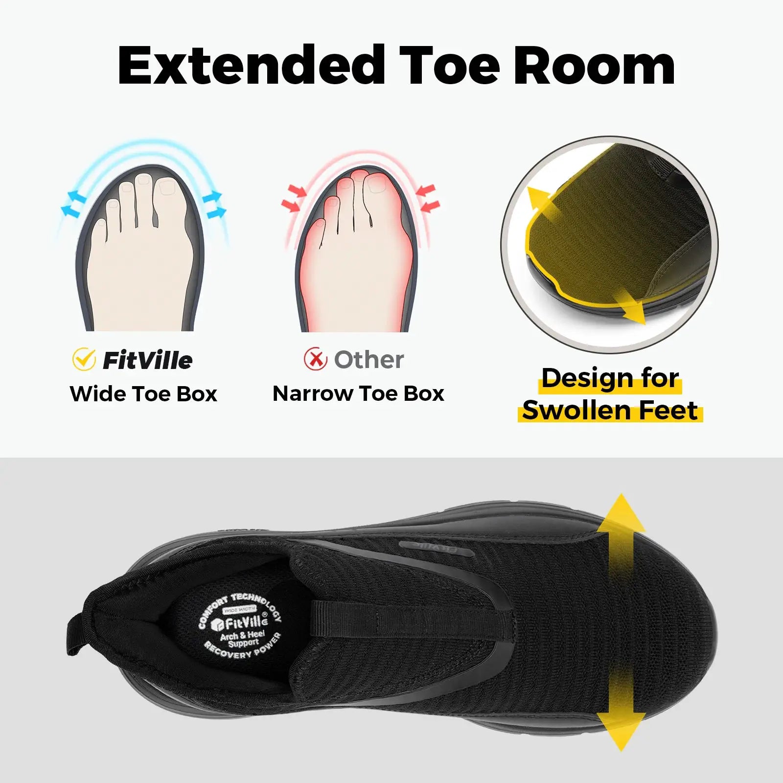 FitVille wide toe box men's walking shoe, black lightweight breathable sneaker with extended toe room