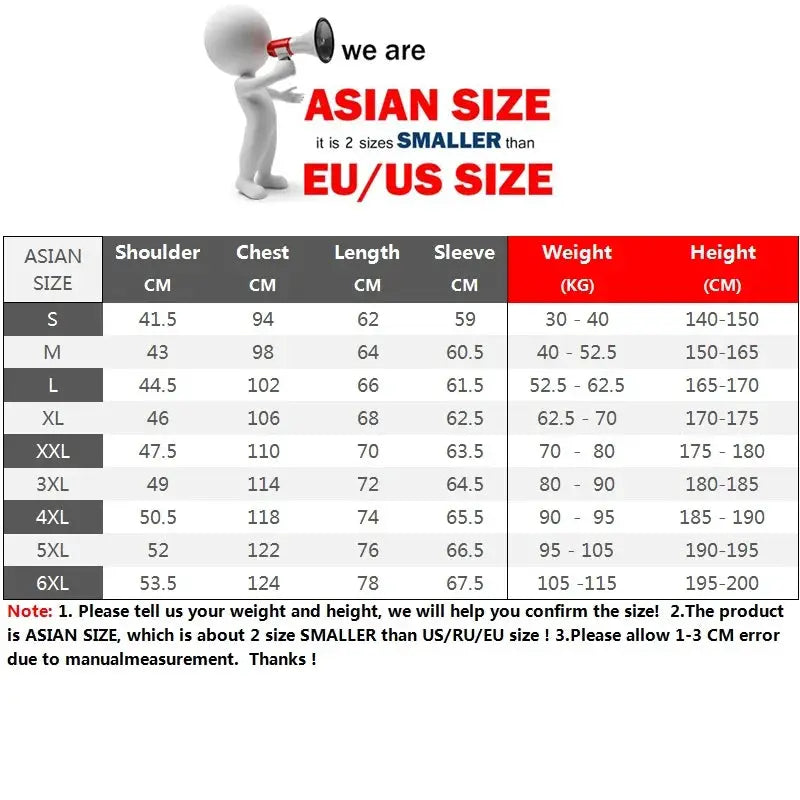 Men's bomber windbreaker size chart showing Asian sizes S-6XL with shoulder, chest, length, and sleeve measurements.