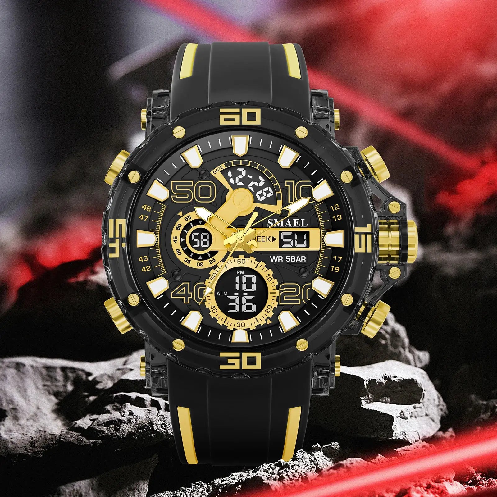 SMAEL men's military sport watch, black and gold with analog-digital dial, 50M water resistant.