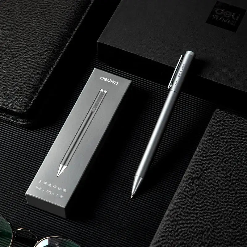 Deli metal sign pen 0.5mm gel ink, silver metallic pen with clip in box