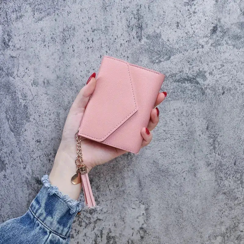 Pink PU leather mini wallet with tassel chain, compact card holder and coin purse
