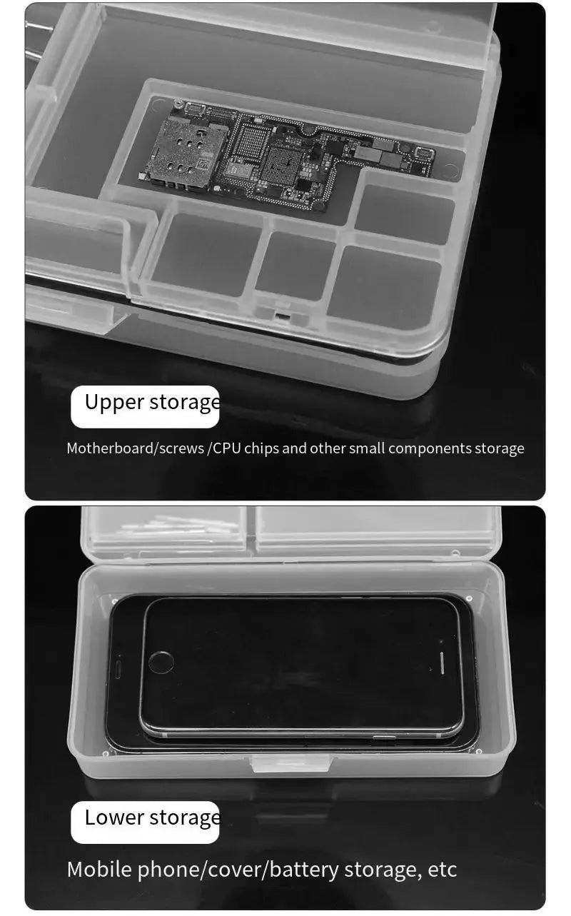 Double-layer PVC storage box for phone repair by Simples Market; upper for motherboard components, lower for a phone.