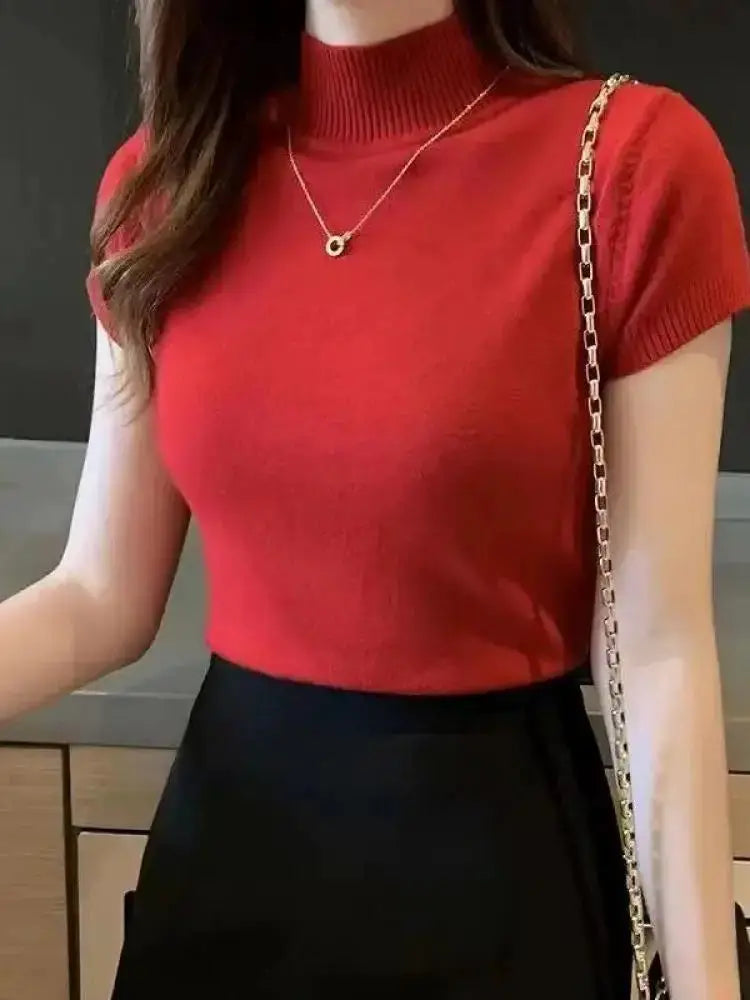 LunaVogue Women Half High Neck Tee Fashion Jumper Lightweight Chiffon Blend Breathable Spring Summer Style