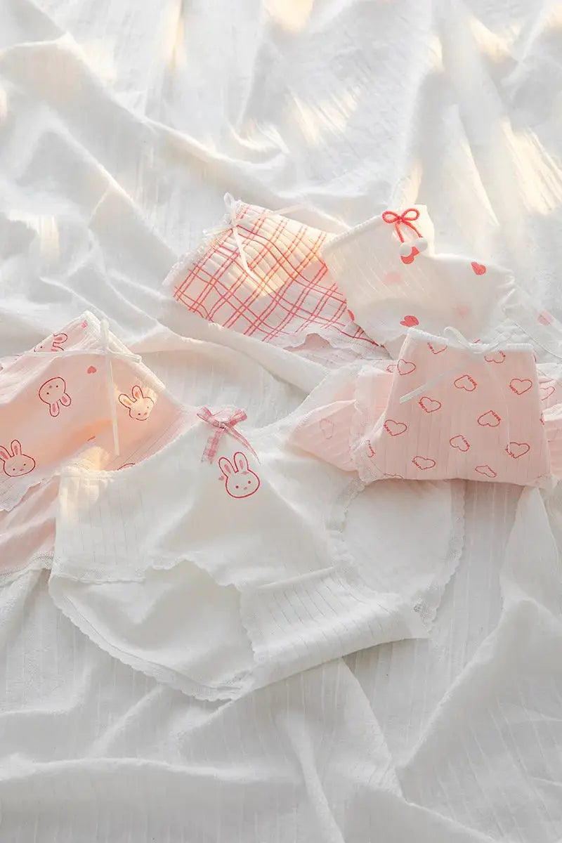 5-piece cotton girls briefs set in white and pink with bow prints and cute bunny and heart motifs
