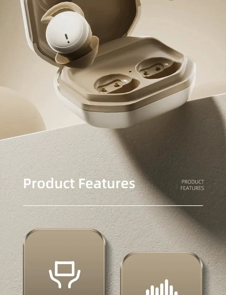 Bluetooth wireless sleep earbuds in white with charging case; small-ear friendly design