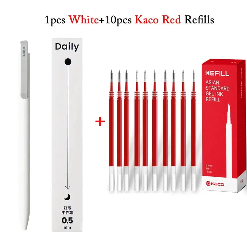 KACO white gel pen with metal clip and 0.5mm tip, plus 10 red refills in KEFILL box