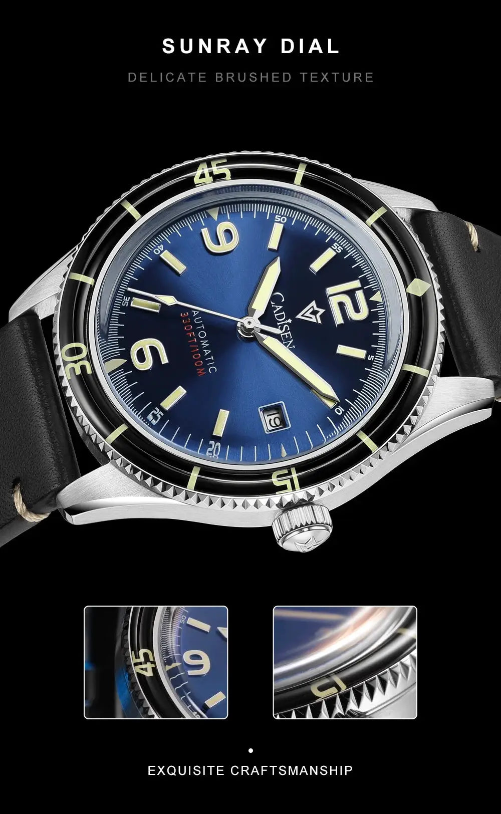 CADISEN 2026 men's mechanical watch with blue dial, stainless steel case, black bezel, genuine leather strap
