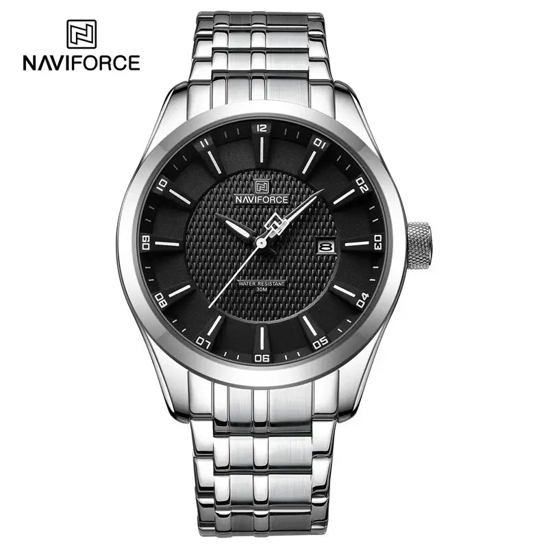 NAVIFORCE men's stainless steel watch with black textured dial, date window, 30m water resistant