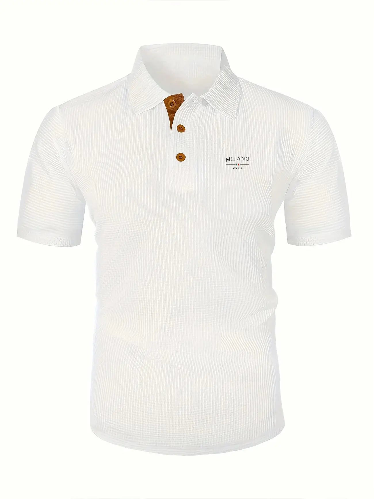 Men's short-sleeved polo shirt, white with subtle vertical stripes, brown buttons, Milano Italia logo on chest