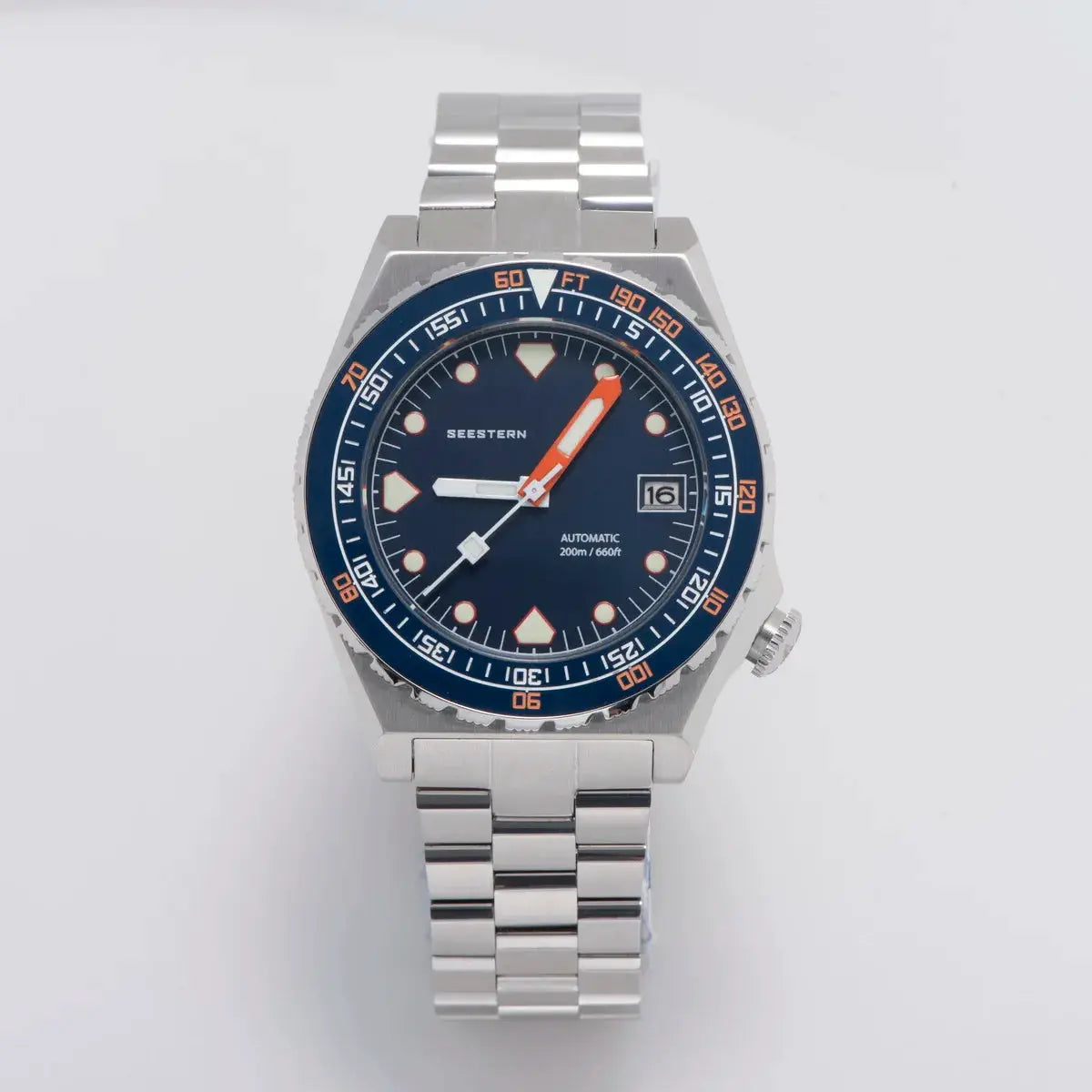 Seestern Sub600T automatic diver watch with blue dial, orange accents, stainless steel bracelet