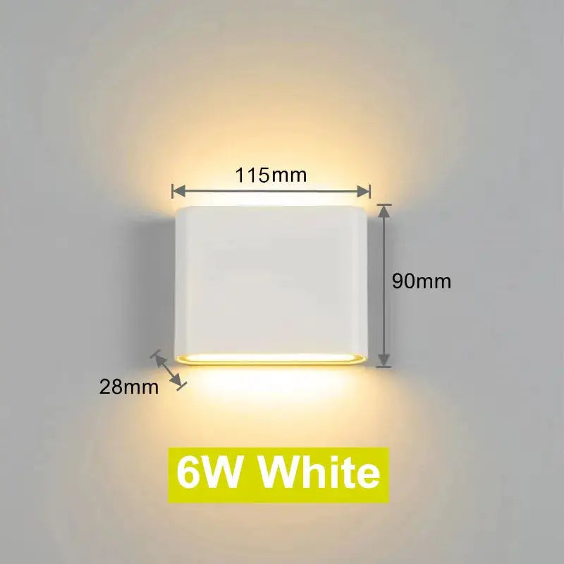 6W white LED wall lamp with aluminum body, 115mm wide by 90mm tall
