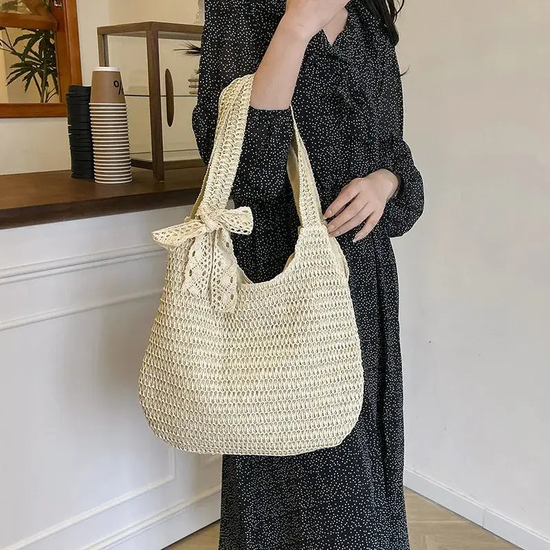 Rattan shoulder bag, cream woven straw tote with bow-tie detail and large capacity