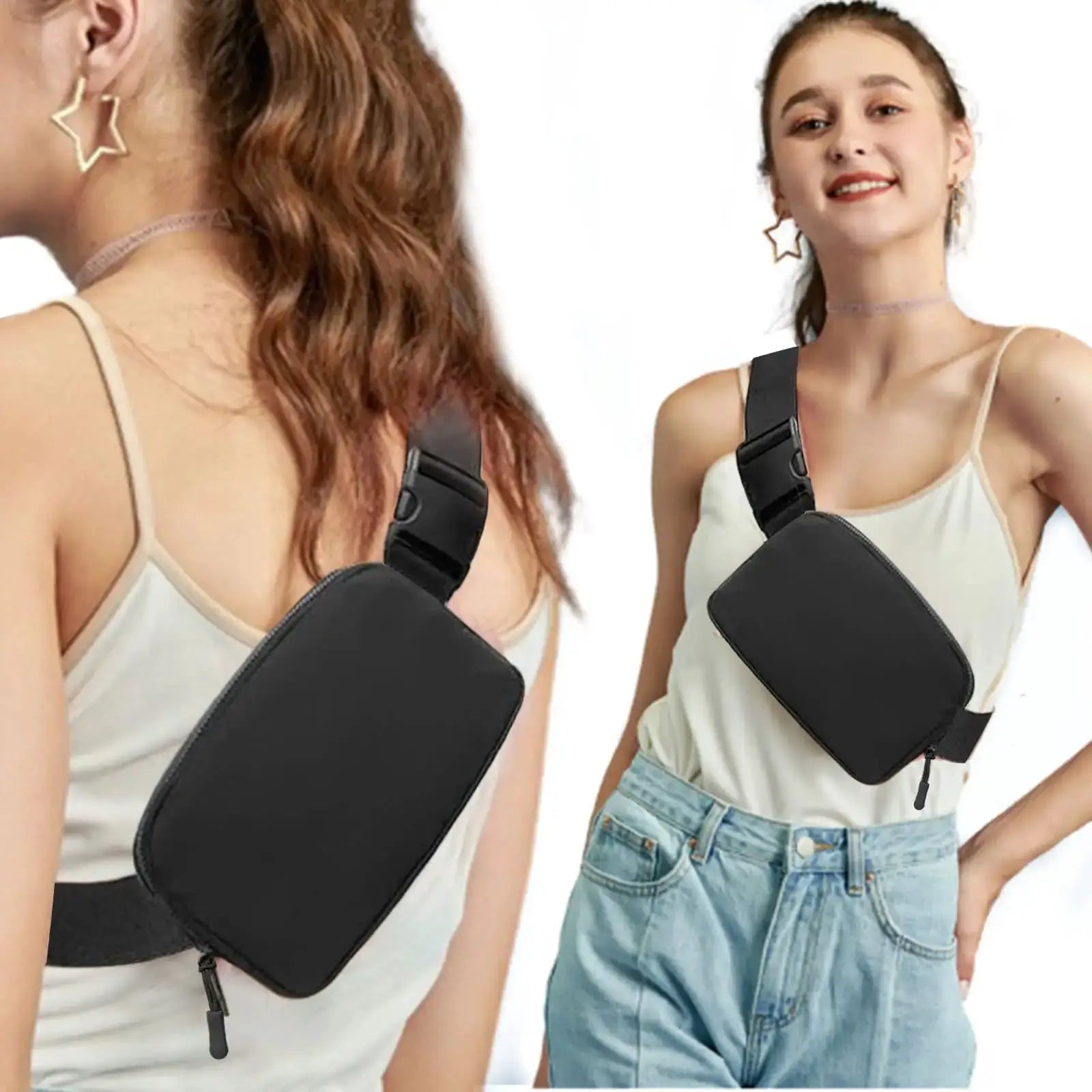 Black sport waist bag running belt with cross-body strap for phones and essentials