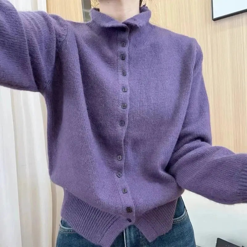 CozyWear Women's Standup Collar Cardigan Sweater Heavyweight Knit Single Breasted Autumn Outerwear