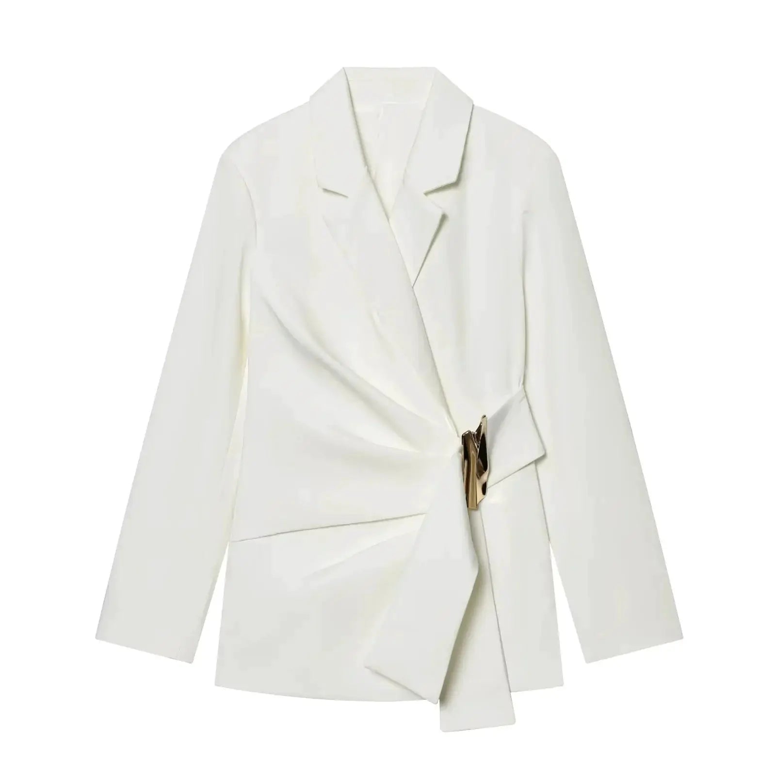 KONDALA white blazer suit for women with long sleeves, wrap front and gold buckle belt