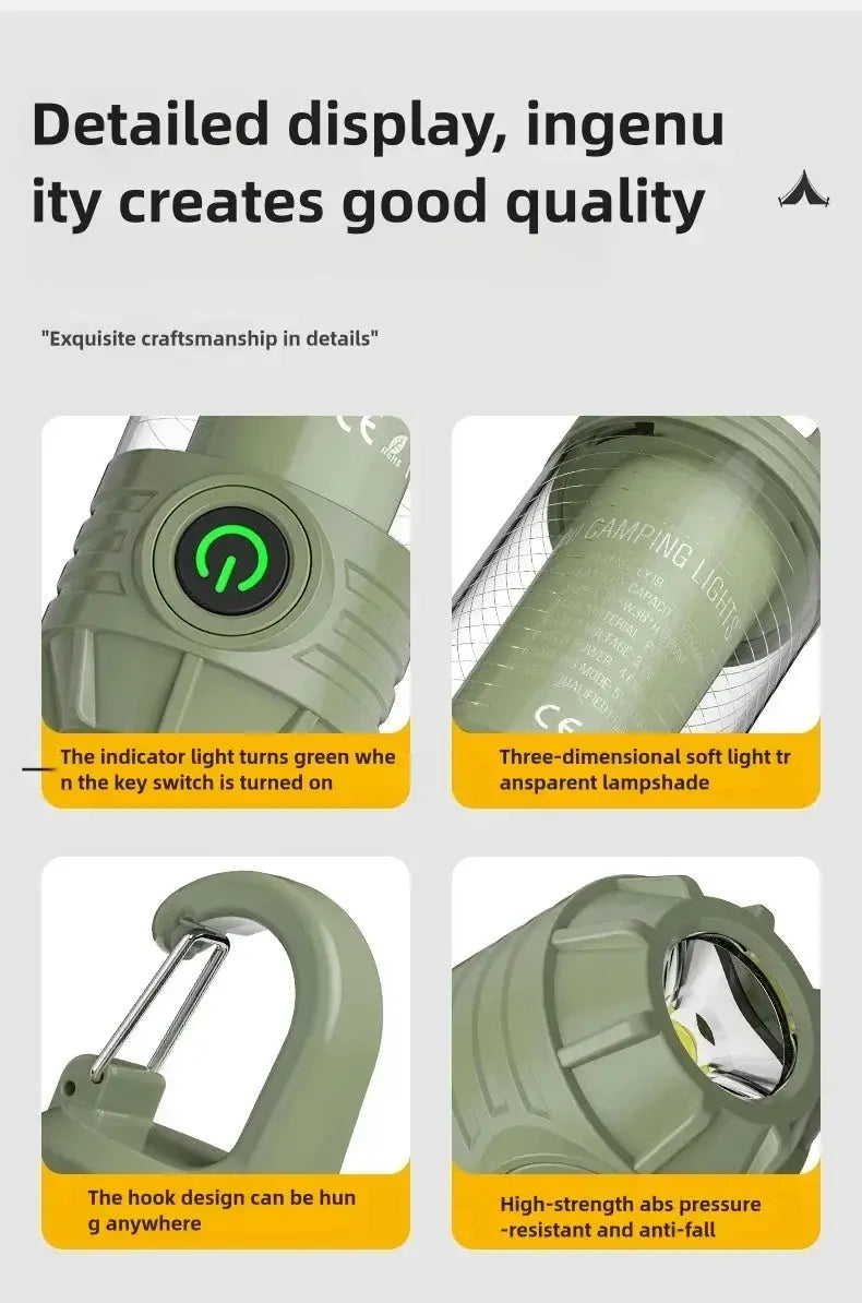 Simples Market multi-functional outdoor LED camping light, olive green, rechargeable, waterproof with hanging hook.