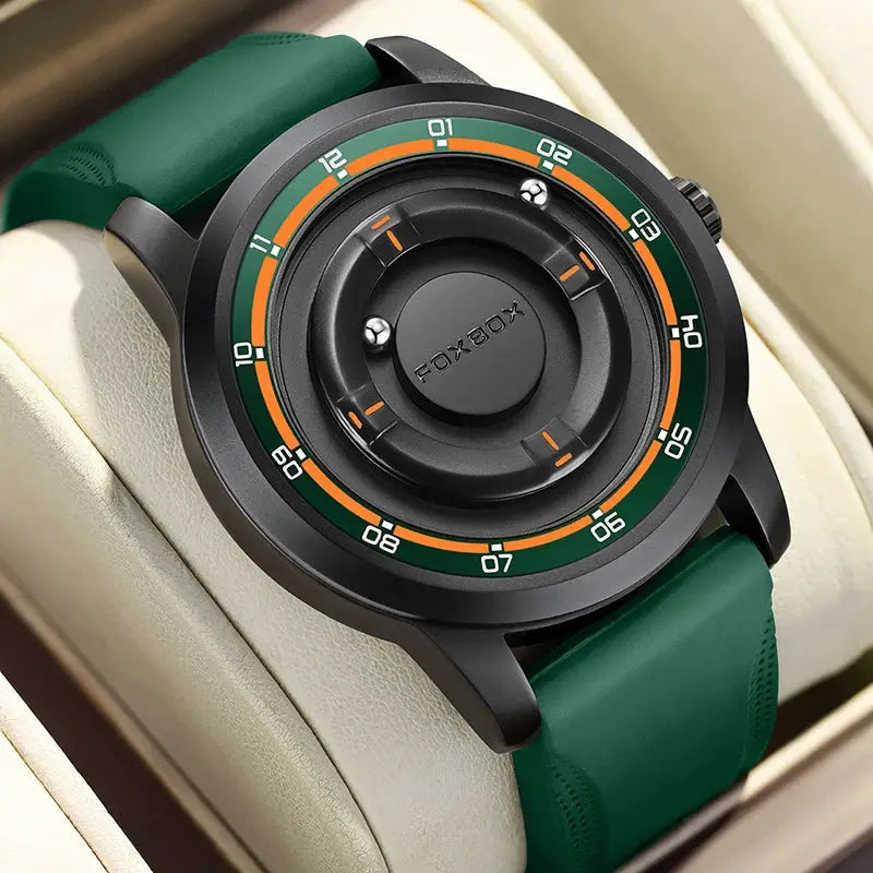 FOXBOX men's green silicone watch with black bezel; outdoor waterproof sports style