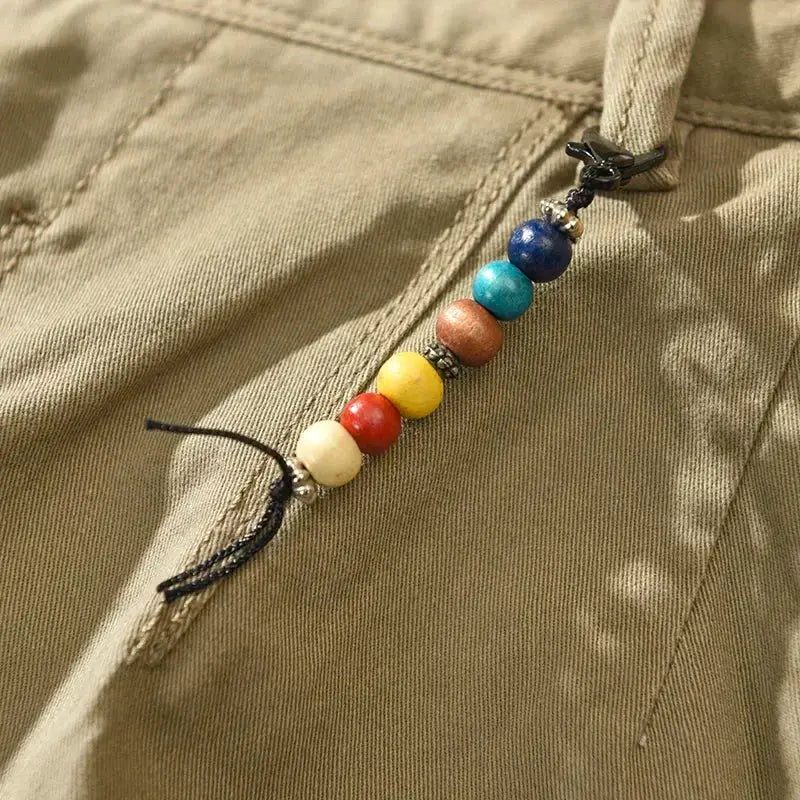 HIQOR men's pure cotton cargo pants in khaki with a multicolor beaded accessory