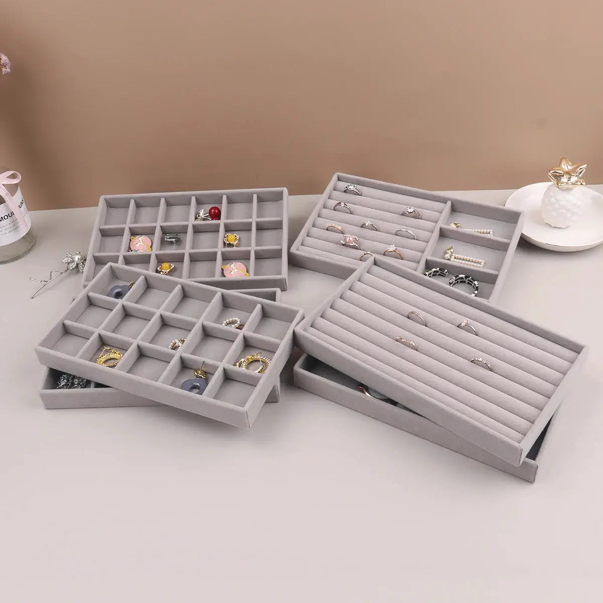 Velvet Jewelry Display Stackable Organizer Box For Rings Earrings Necklaces Portable Case