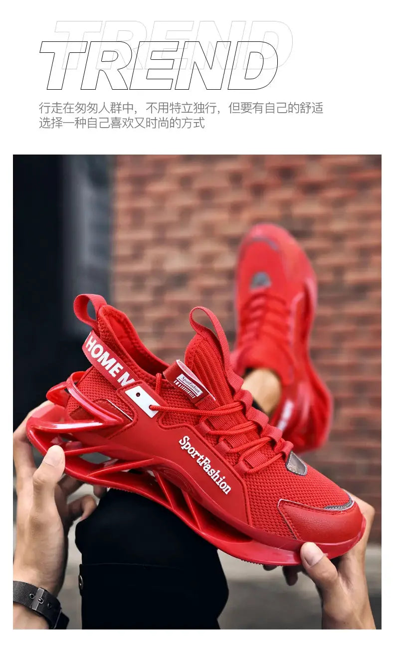 Red Sportfashion athletic sneakers with breathable mesh upper and chunky sole; 2 shown