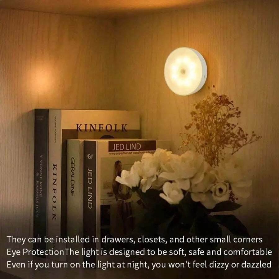 LED Night Light with Motion Sensor by Simples Market; round white battery-powered cabinet lamp for bedroom or closet