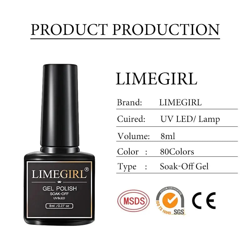 Limegirl gel nail polish bottle, 8ml, 80 colors, UV LED soak-off gel