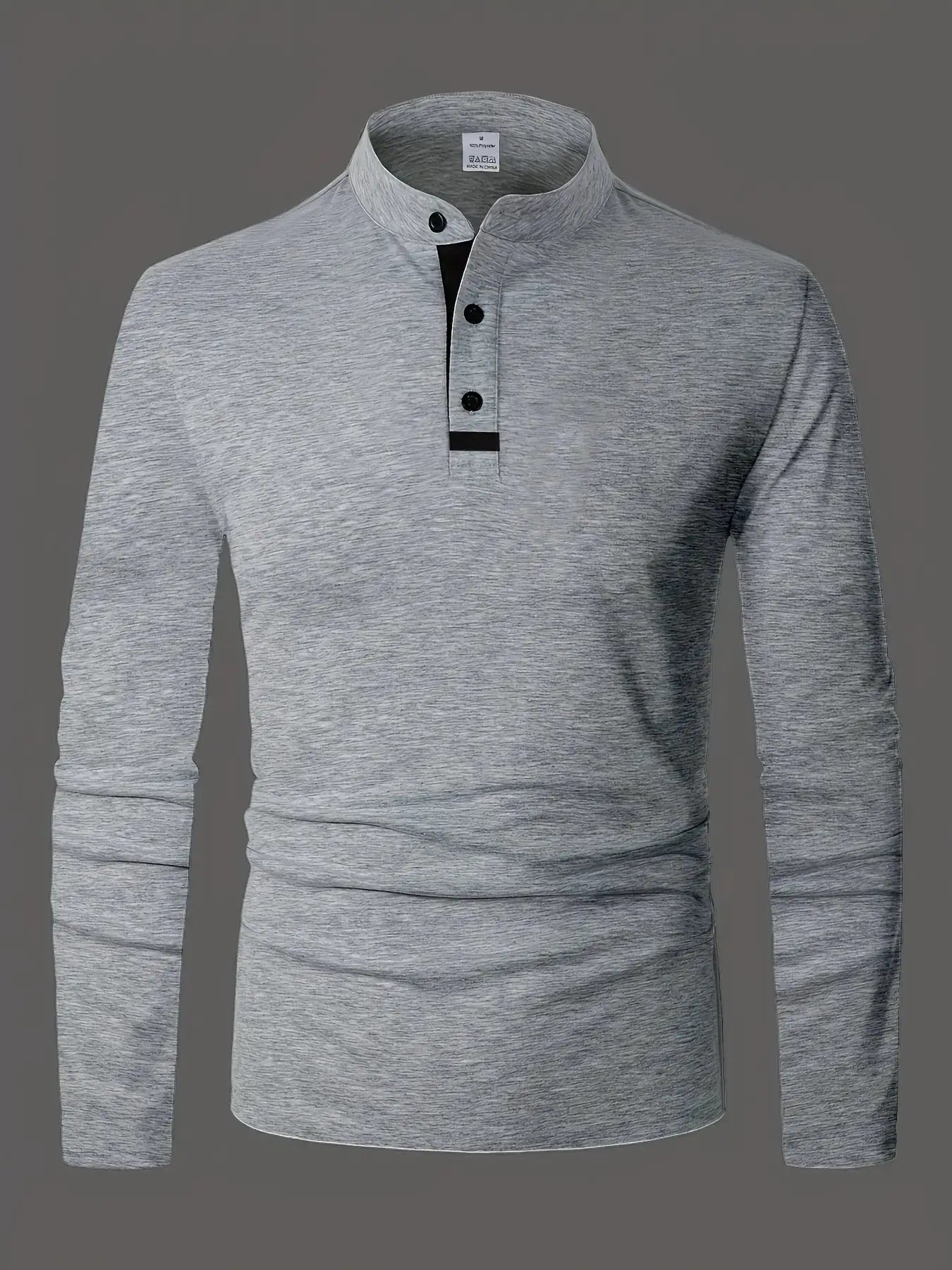 Men's gray heather long-sleeve polo shirt by Simples Market with stand collar and button placket.