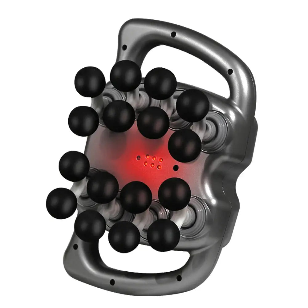 Fascia massage gun by Simples Market, gray handheld device with 16 massage heads and red LED center