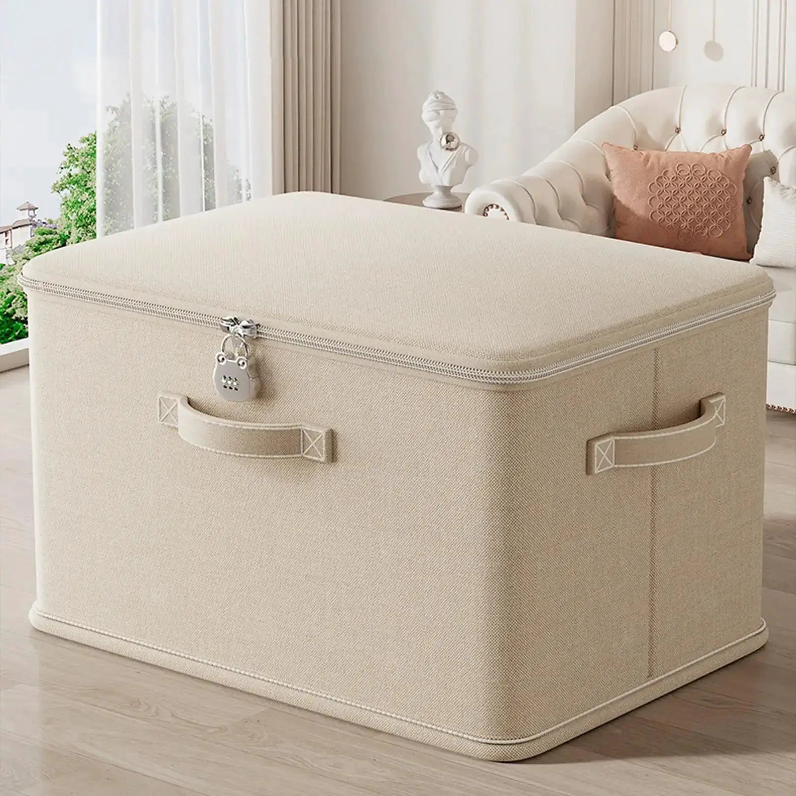 Lockable storage box in beige fabric with lid, odor-proof and stackable with side handles.